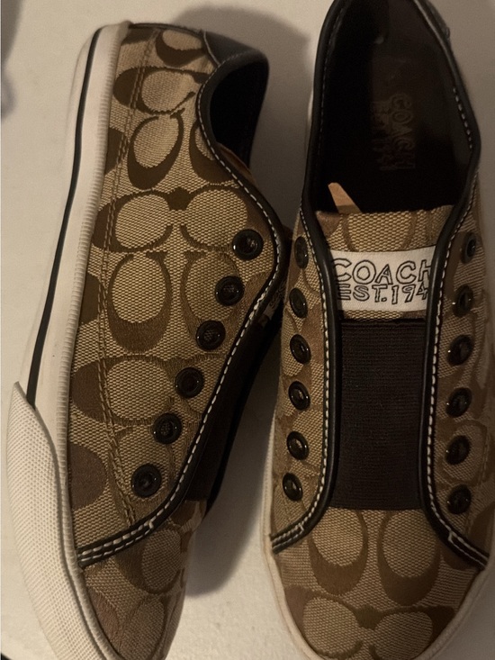 Coach Shoes - Coach Tan and Brown Signature Canvas Slip-On Sneakers